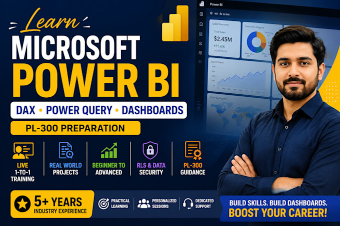 teach microsoft power bi, dax, power query, dashboards and real projects