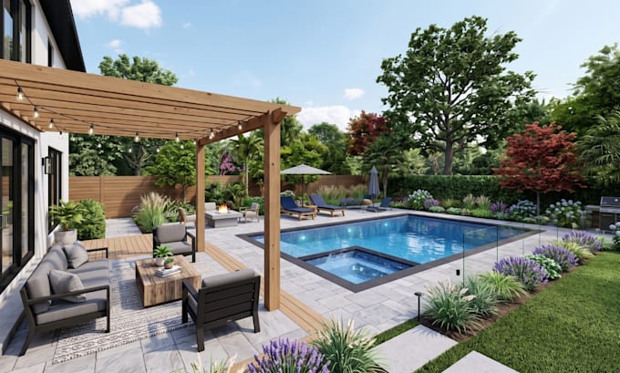 design backyard landscape, pergola pool rendering, patio 3d garden design render