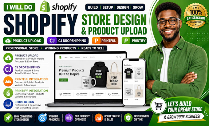 shopify product upload cj dropshipping printiful printify listing store design