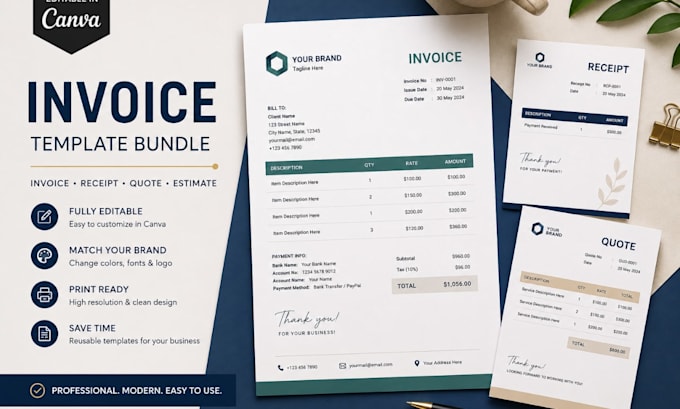 design editable canva invoice template, reciept, quote, estimate and bill form