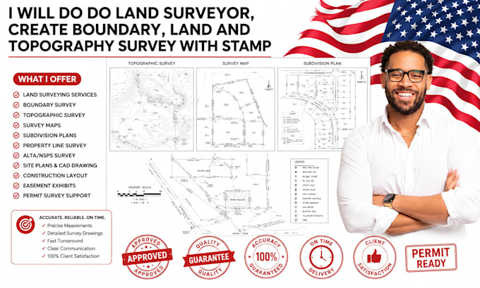 do land surveyor, create boundary, land and topography survey with stamp