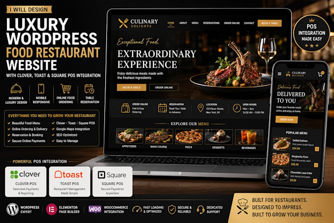 luxury wordpress food restaurant website clover toast square pos integration
