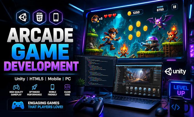 develop a professional unity 2d arcade game for mobile, web, and PC