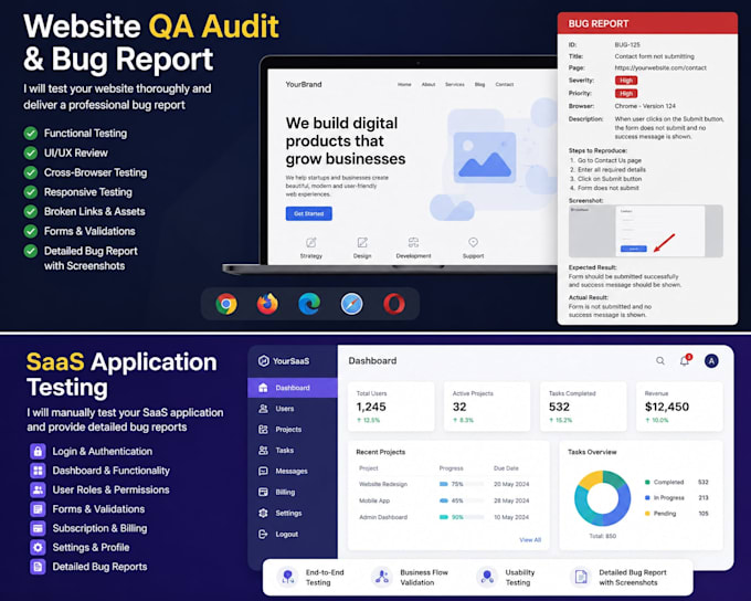 perform saas application testing, website QA audit, and functional testing