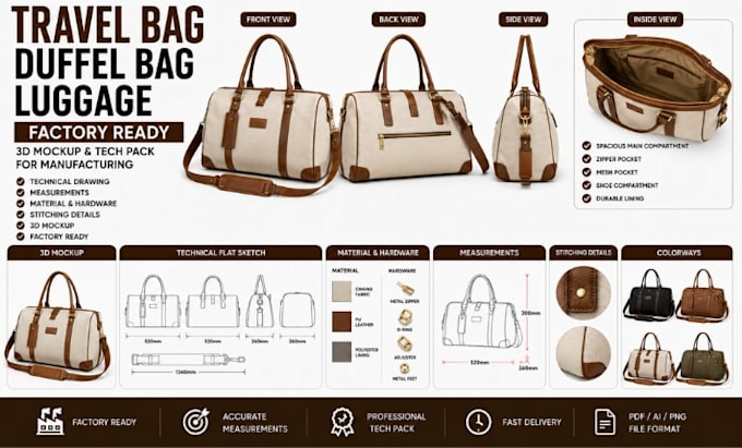 create travel bag duffel luggage 3d mockup tech pack for manufacturing