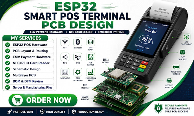 do esp32 smart pos terminal pcb design, emv payment hardware and nfc card reader