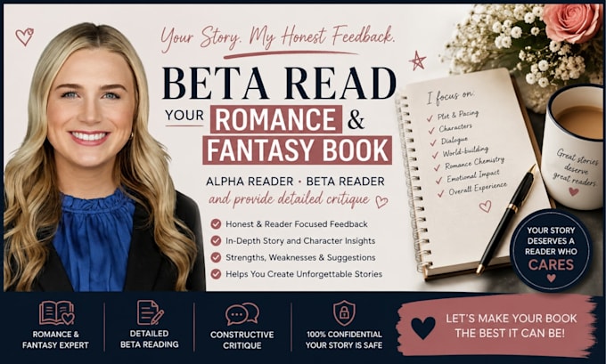 beta read your romance book, alpha read fantasy and provide detialed critique