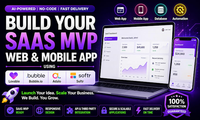 build saas mvp, web and mobile app using lovable, bubble io, adalo, or softr