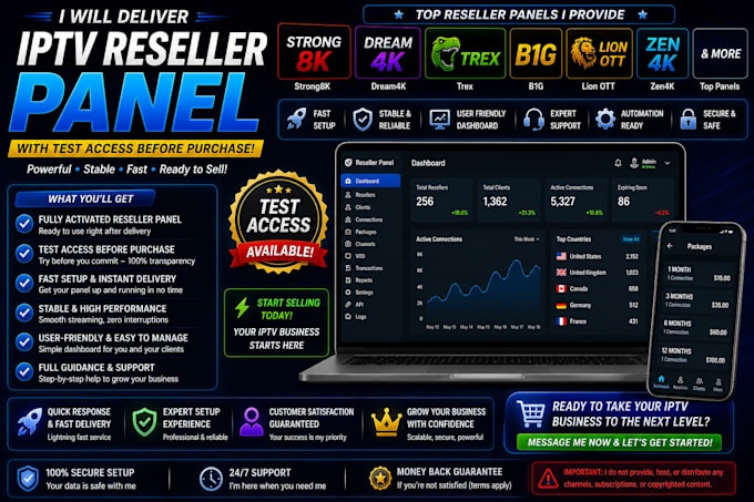 create reseller strong8k, xui panel, noos panel, 4k, trex panel, mega panel