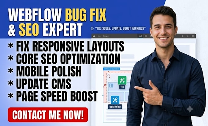 fix webflow bugs update webflow site and optimize seo