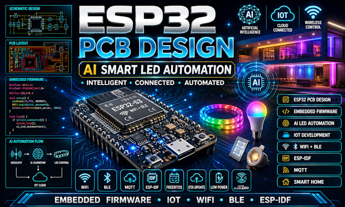 design esp32 pcb and develop ai smart led automation, iot and embedded firmware