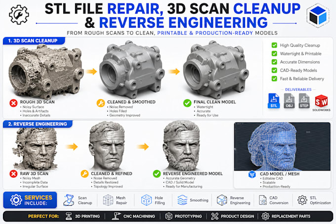repair stl file, fix stl, 3d scan cleanup, mesh repair and reverse engineering