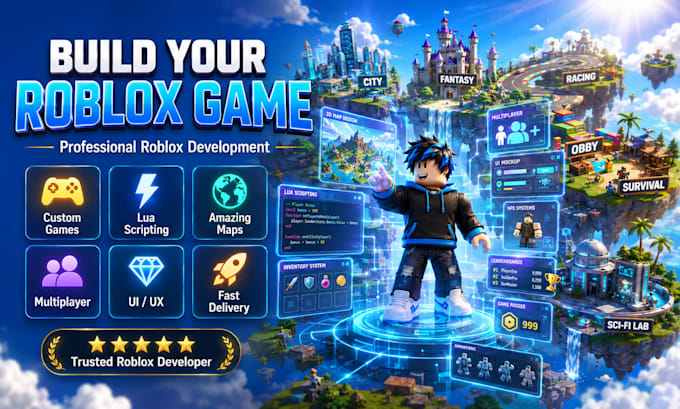 develop your full roblox game in roblox studio with lua scripting, roblox game