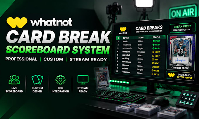 create whatnot card break scoreboard system