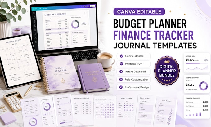 create budget planner, finance tracker, journal templates, canva design
