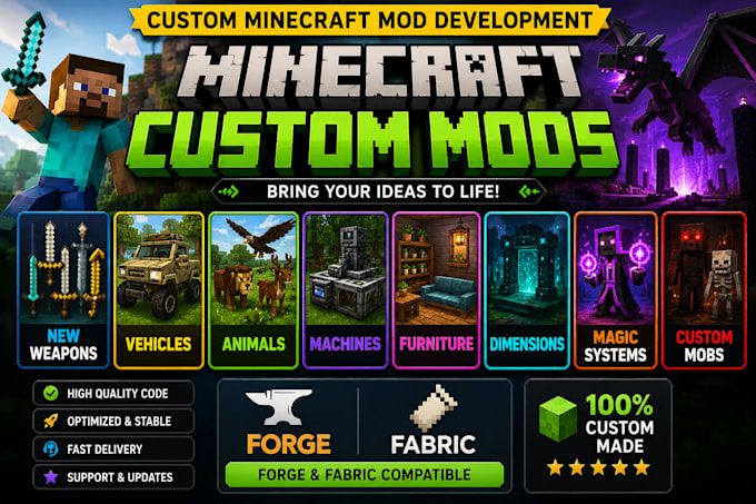 develop custom minecraft mods with weapons, vehicles, mobs, magic, dimensions