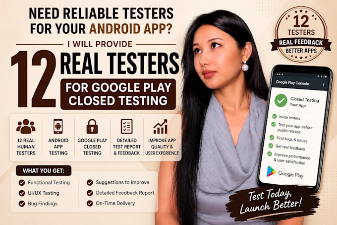 provide 12 testers for google play closed testing and android app testing