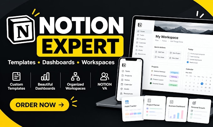 create notion template, notion dashboard, notion workspace, notion expert and va