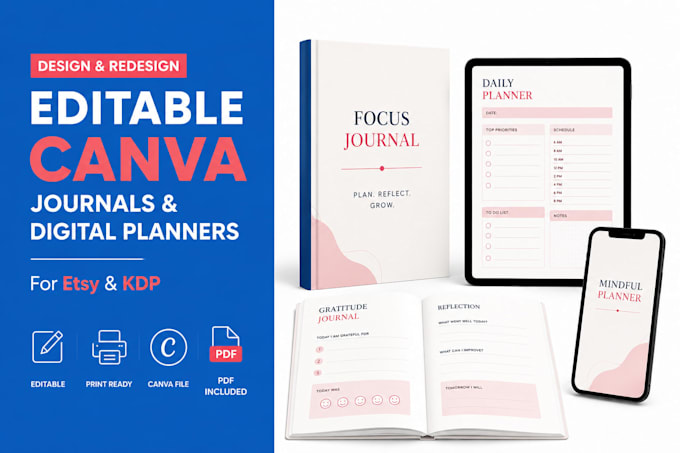 design, redesign editable canva journal, digital planner, printable workbook KDP