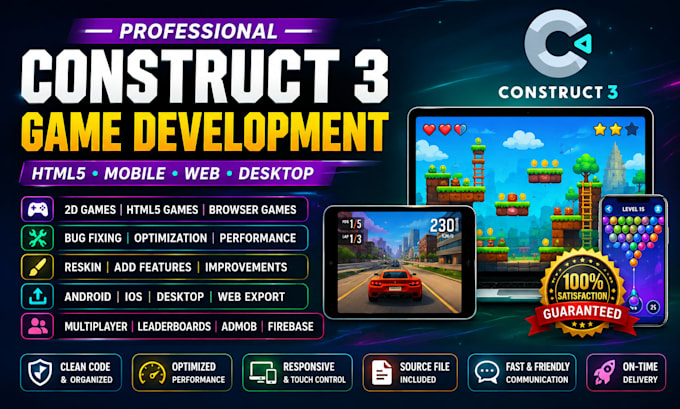 develop construct 3 HTML5 game, fix bugs, reskin, and 2d mobile web games