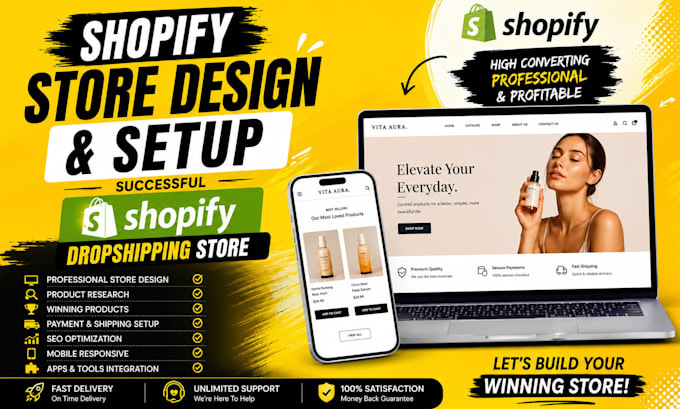 successful shopify dropshipping store, shopify landing page design, store setup