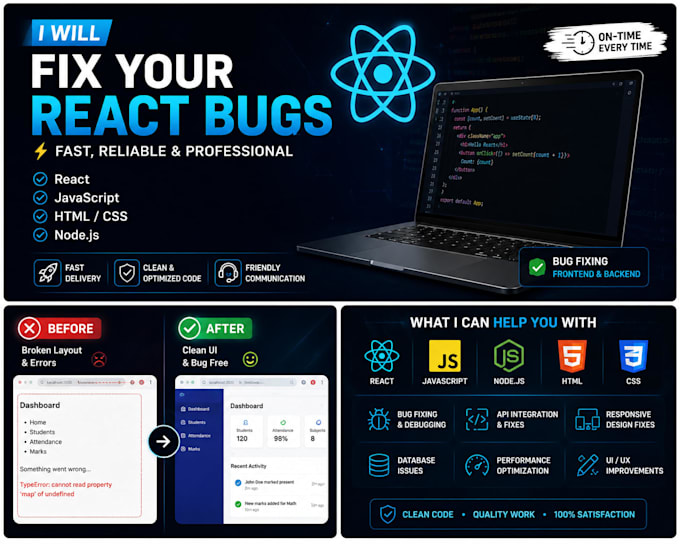 fix react, javascript, HTML and CSS bugs professionally