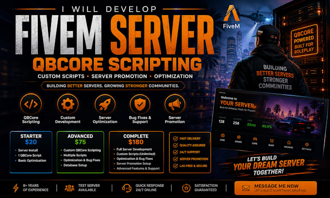 develop fivem server qbocre scripting server promotion roleplay optimization