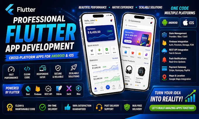 develop a professional flutter or react native mobile app