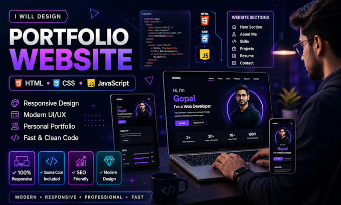 create a modern portfolio website using HTML CSS javascript