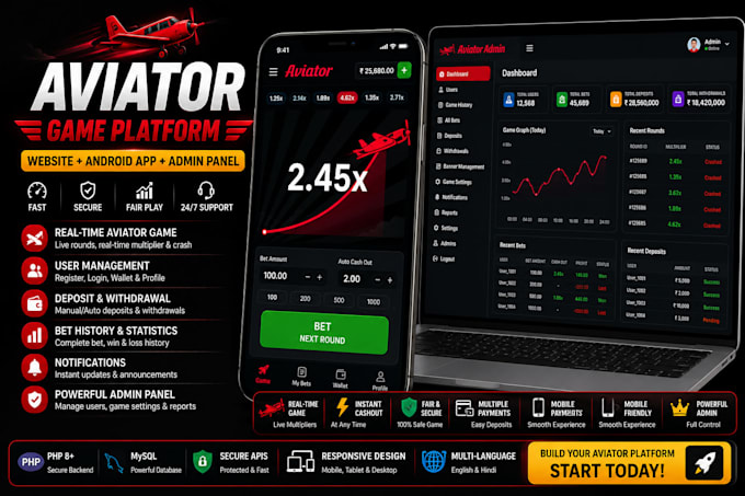 develop a aviator crash multiplier game website android app and admin panel