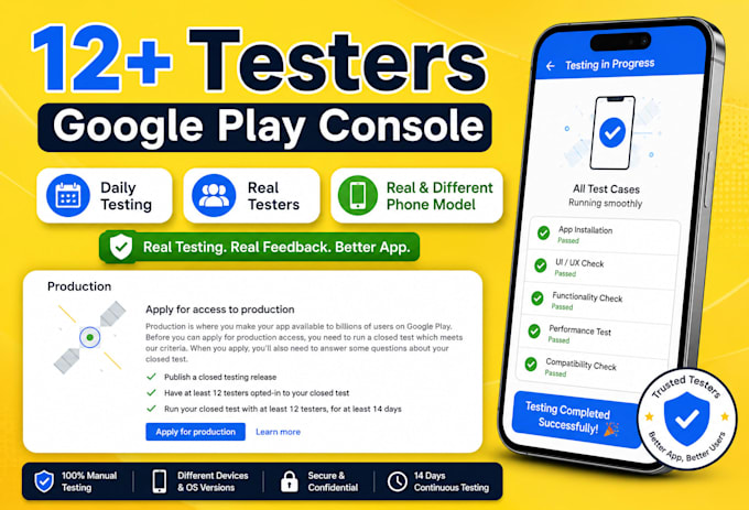 provide 12 testers for google play closed testing for 14 days 12 app tester
