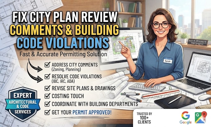 fix city plan review comments and building code violations
