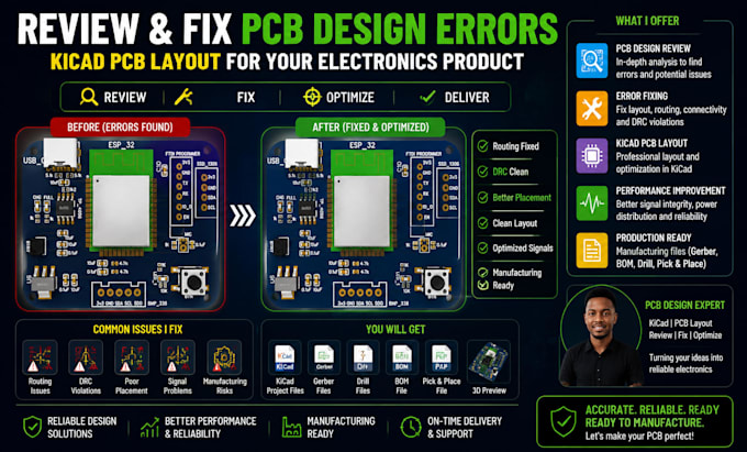 review and fix pcb design errors kicad pcb layout for your electronics product
