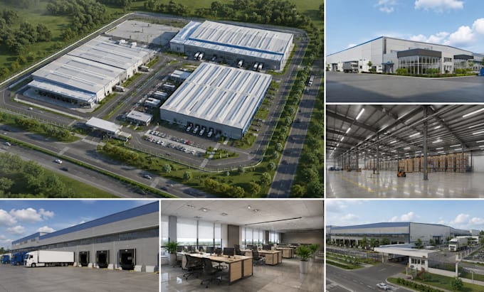 model 3d warehouse, factory masterplan with 3d renders  industrial building