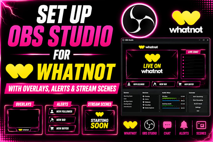 set up obs studio for whatnot with overlays, alerts and stream scenes