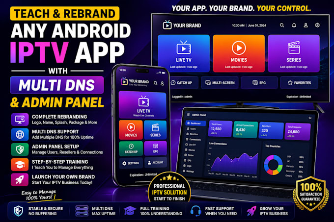 teach and rebrand you any android iptv app with multi dns and admin panel