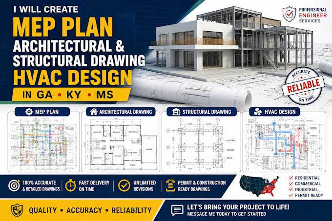 create mep plan architectural and structural drawing hvac design in ga ky ms