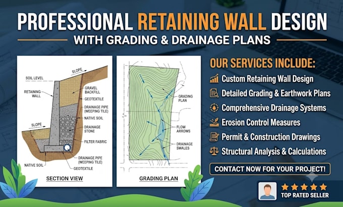 design retaining wall with grading and drainage plans