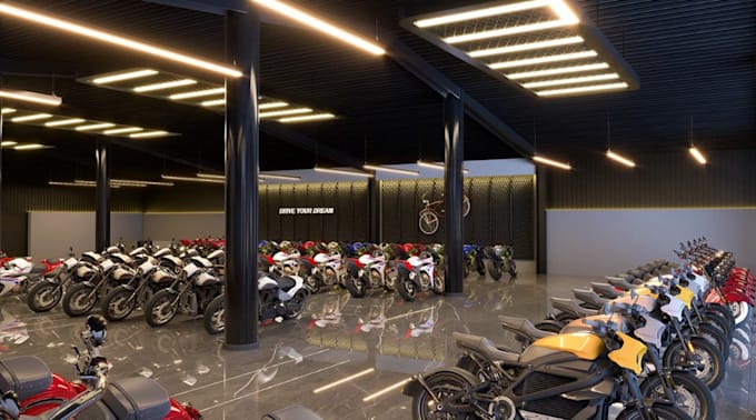 render3d motorcycle showroom,workshop interior design,auto part store,cgi layout