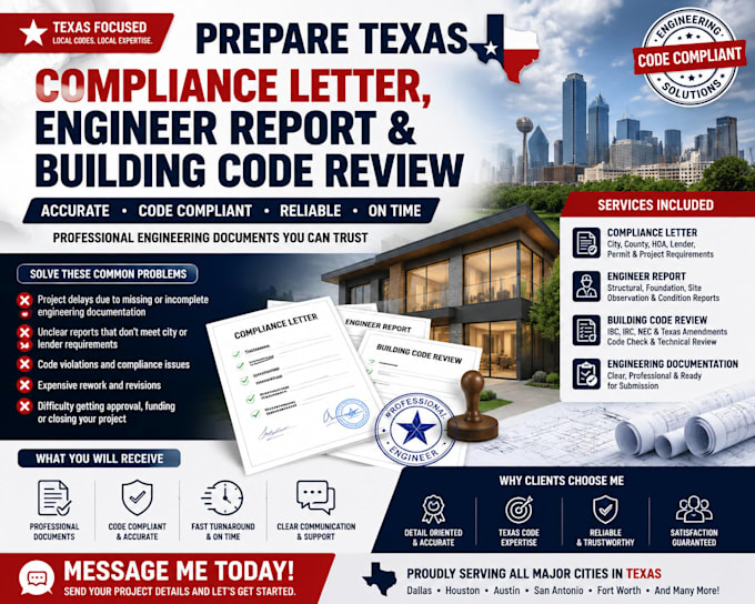 prepare texas compliance letter, engineer report and building code review