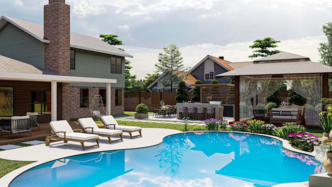 do exterior design, 3d rendering, facade, pool and landscape design