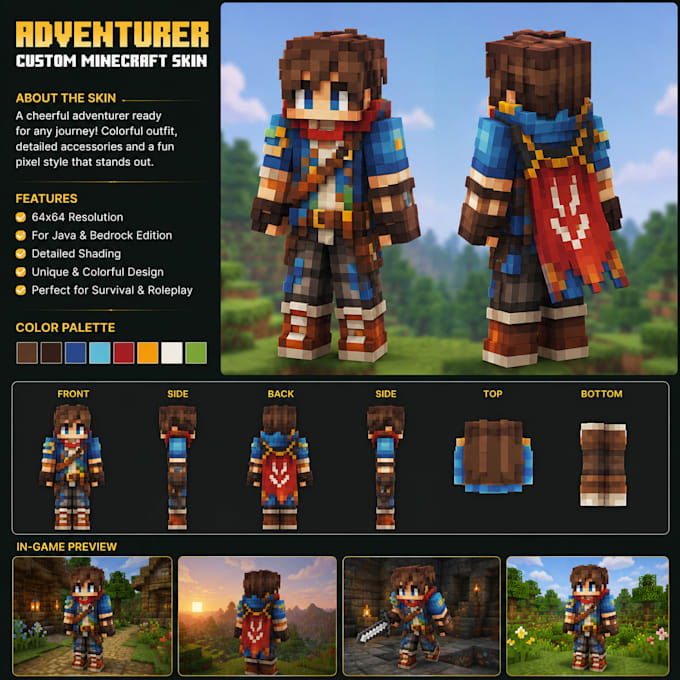 create custom minecraft skin for java, bedrock as you want in 24hours