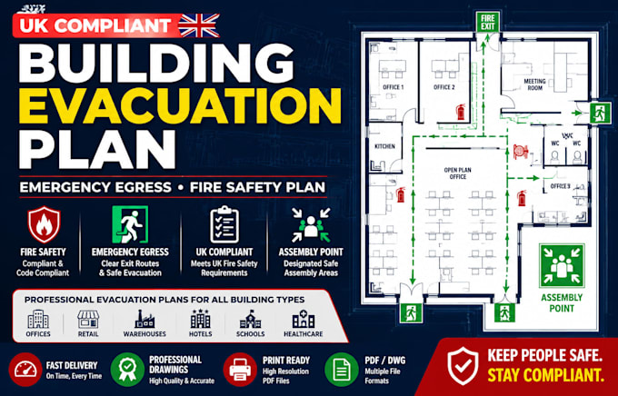 design UK compliant building evacuation, emergency egress plan fire safety plan