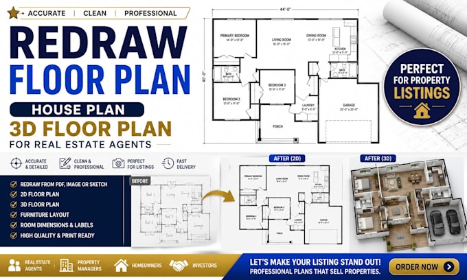 redraw floor plan, house plan, 3d floor plan for real estate agent