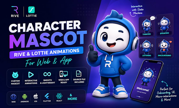 create character mascot rive, lottie animations web and app