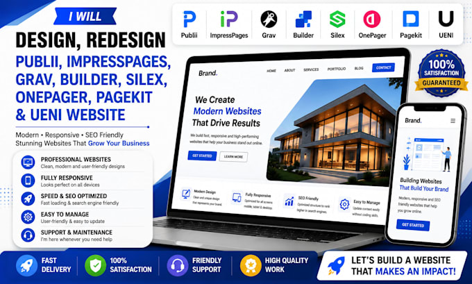 design, redesign publii, impresspages, grav, builder, and ueni website