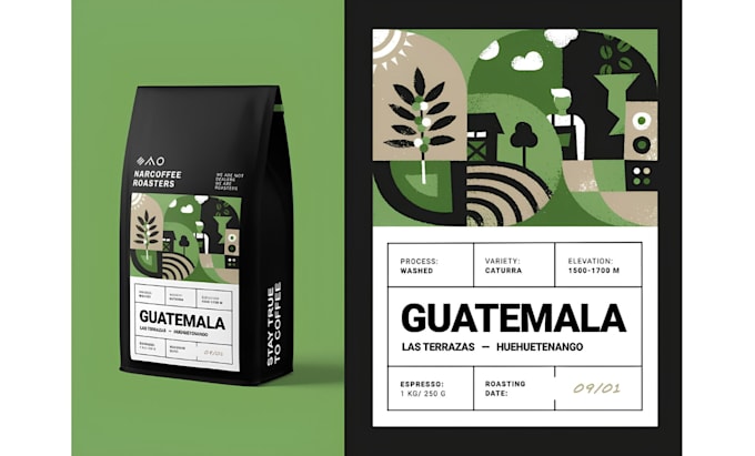 create tea and coffee packaging label, pouch, box design and packaging dieline