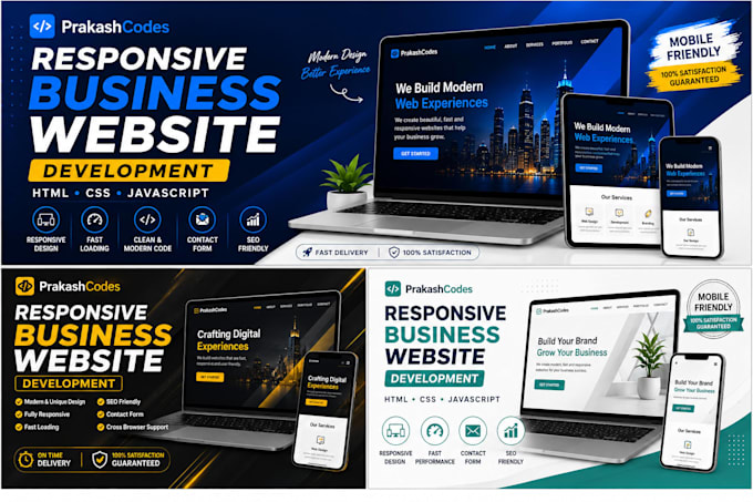 create a responsive business website using HTML CSS javascript