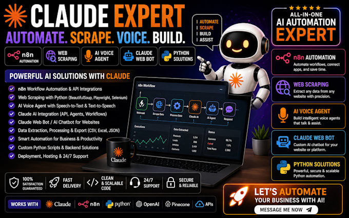 claude expert n8n automation web scraping ai voice agent claude web bot python
