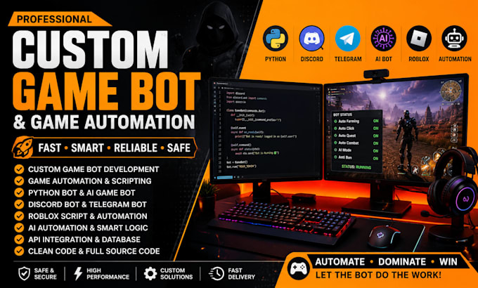 develop a game bot, automation, python bot, telegram bot, roblox, PC game